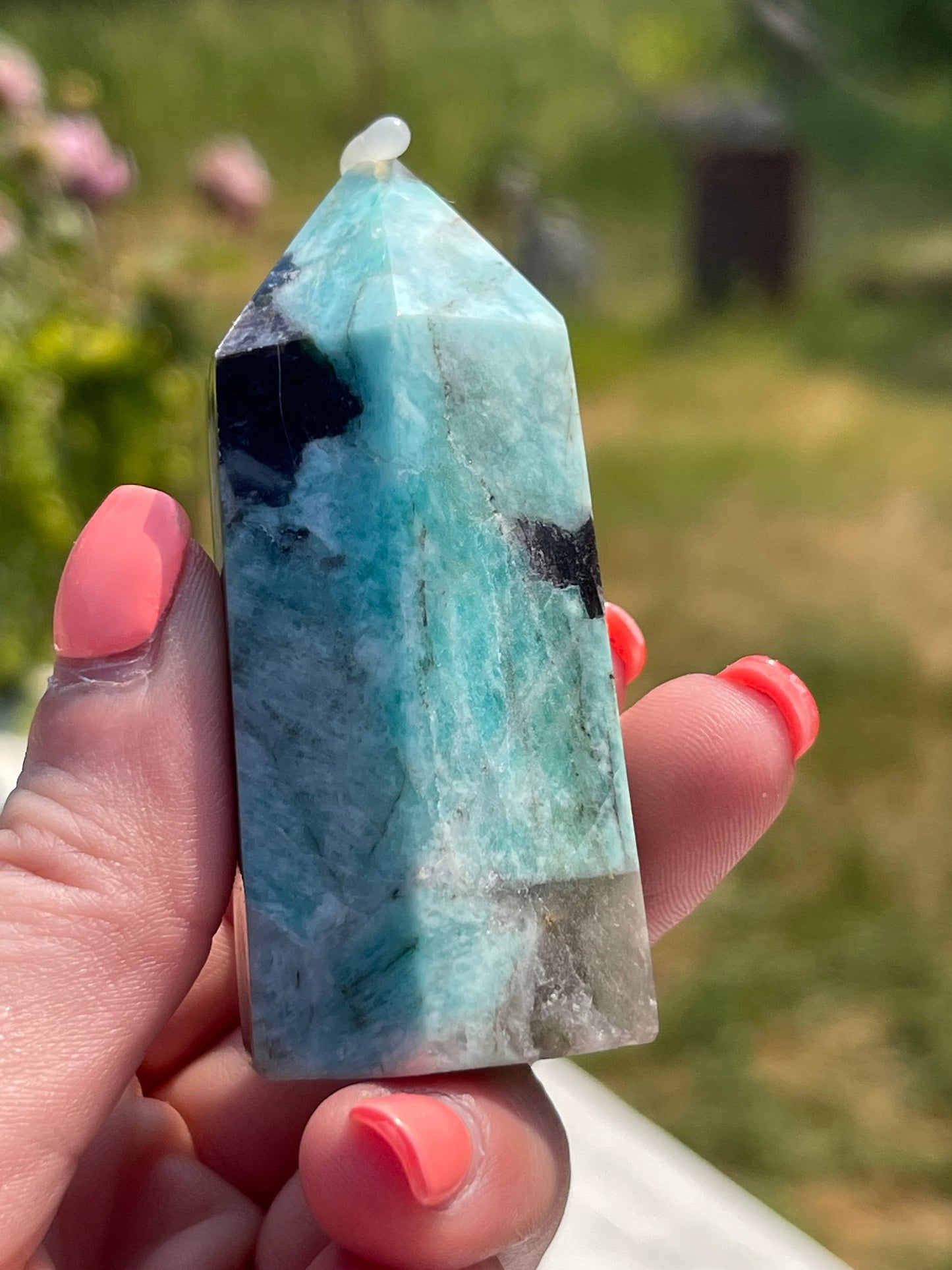 Amazonite Tower with Smoky Quartz and Purple Mica: Madagascar Crystal Carving