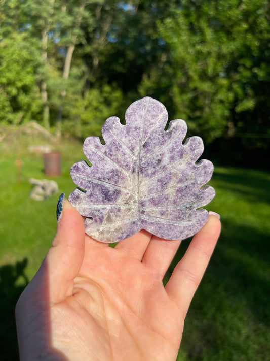 Lepidolite Crystal Leaf Carving