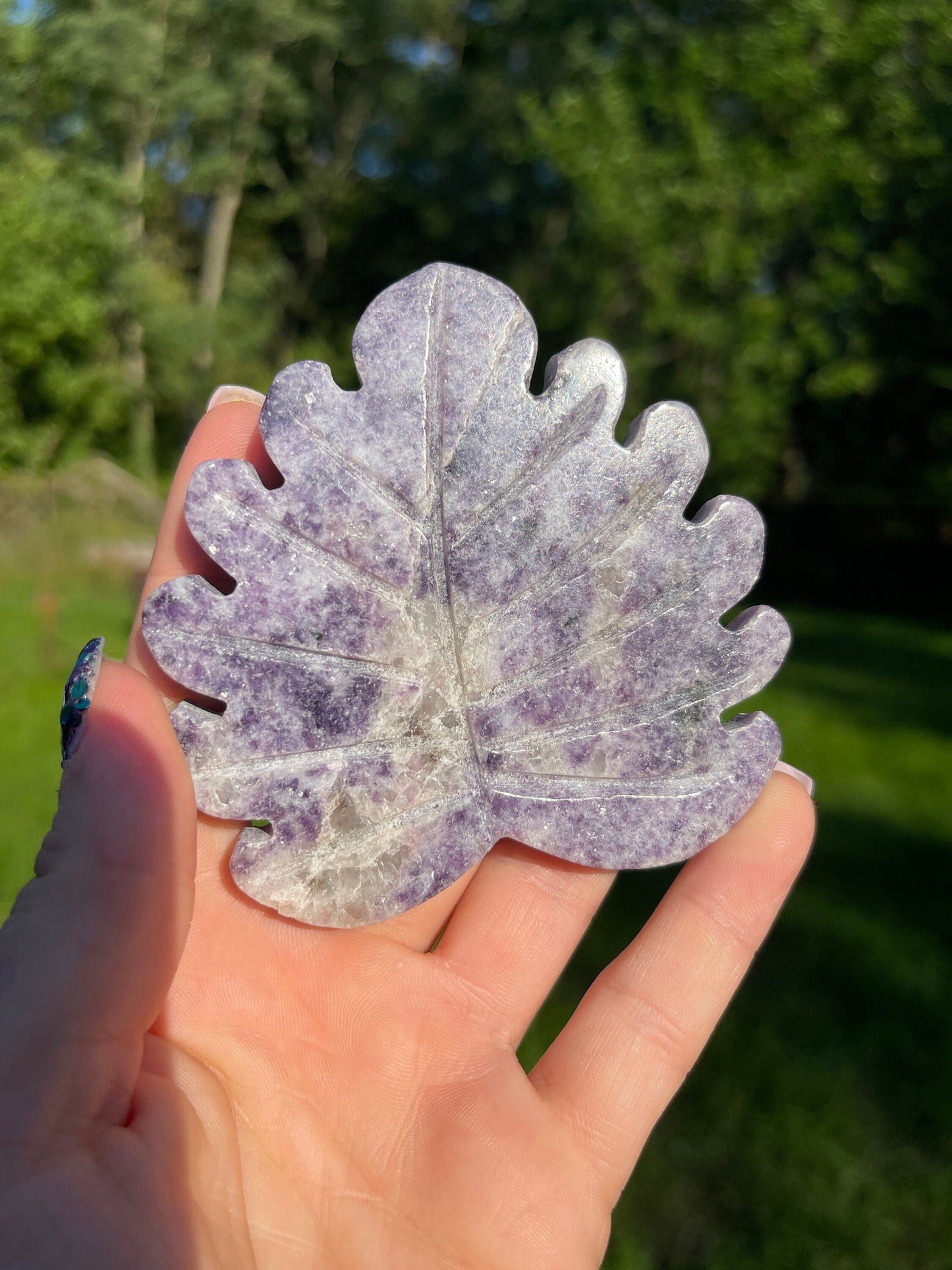 Lepidolite Crystal Leaf Carving