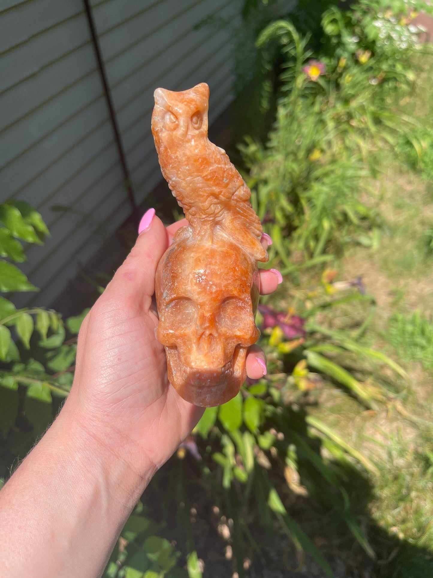 Large Calcite Skull with Owl Carving