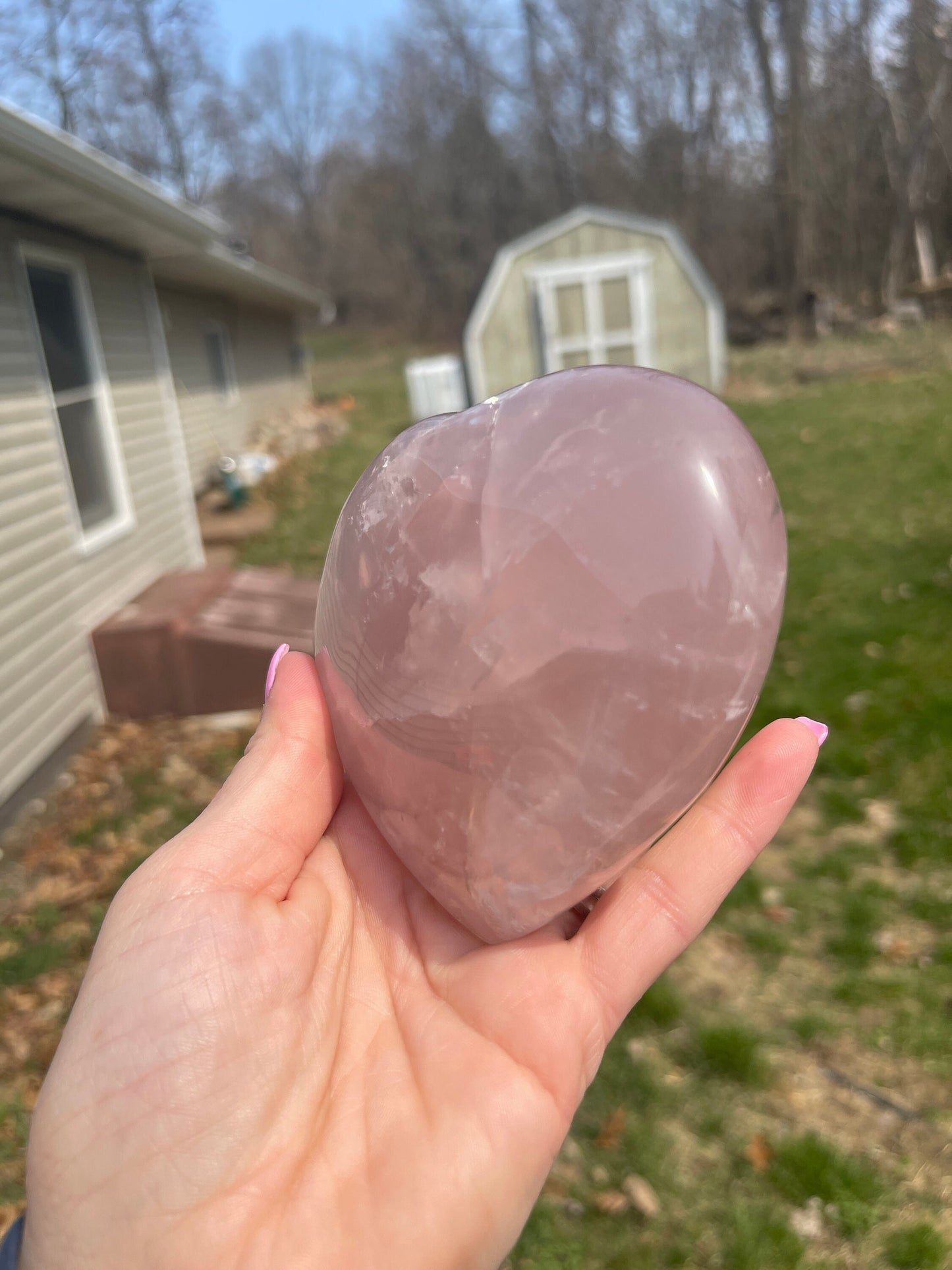 Rose Quartz Crystal Heart Carving with Rainbow Flash