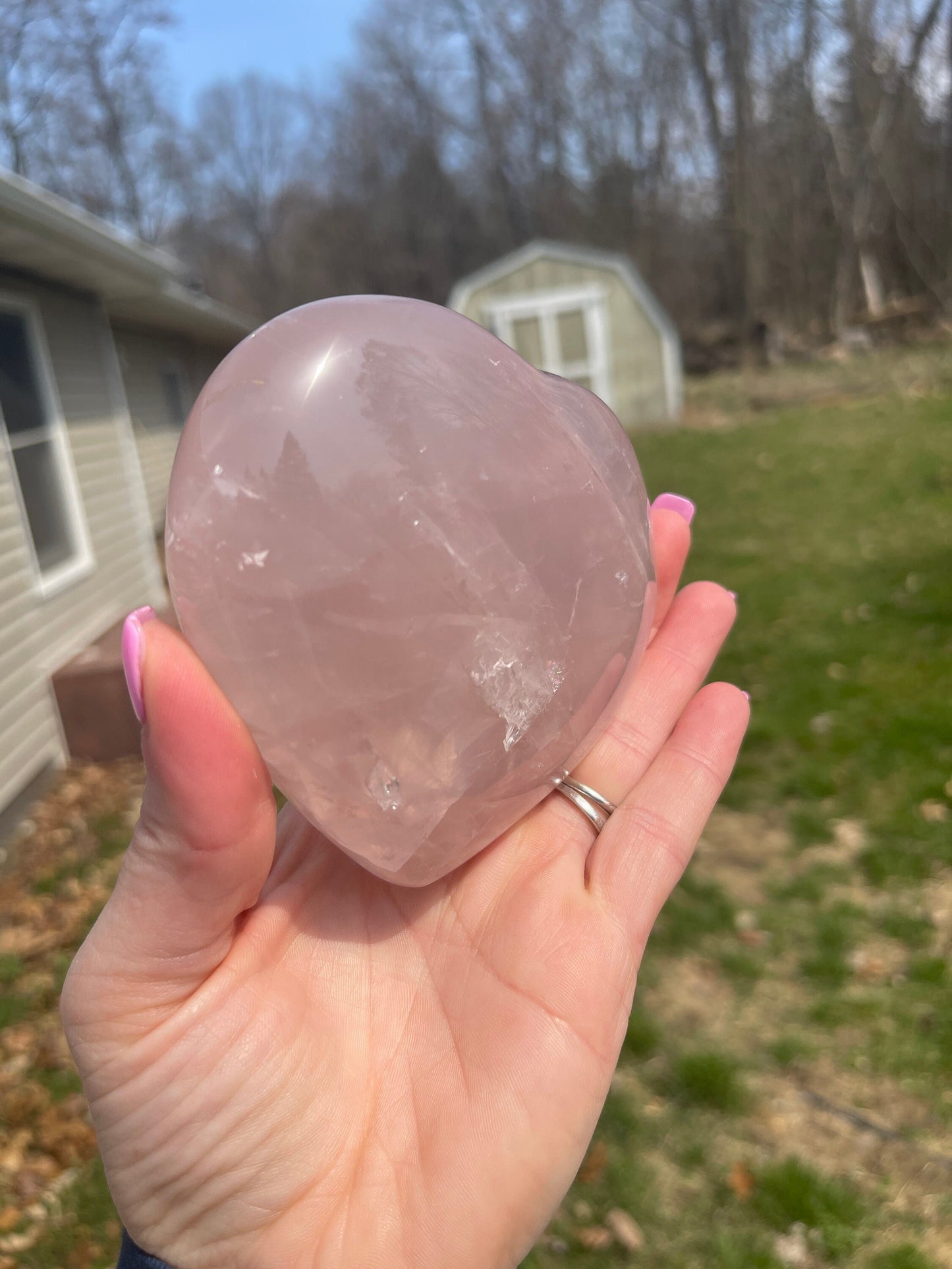 Rose Quartz Crystal Heart Carving with Rainbow Flash