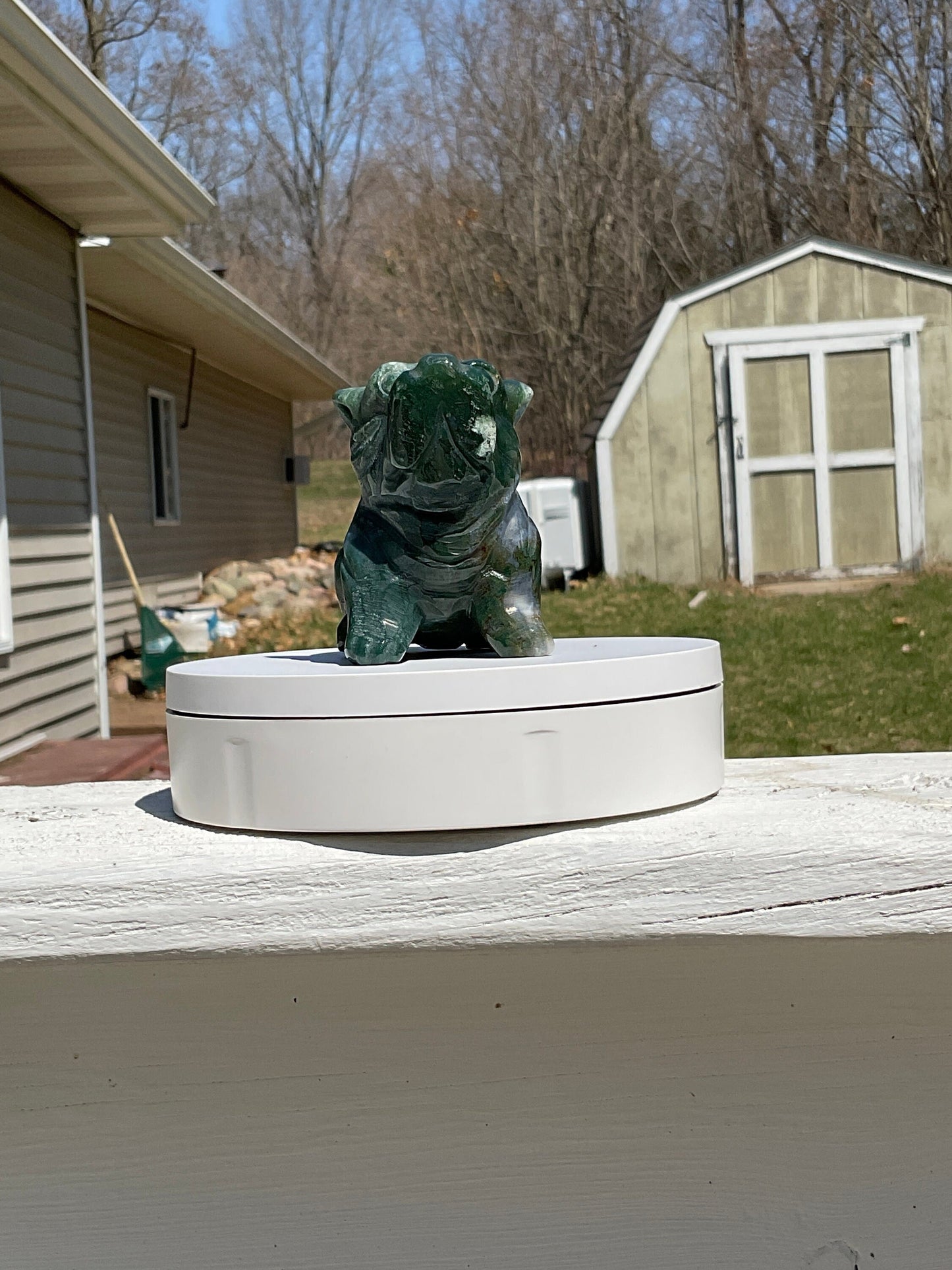 Moss Agate Bulldog Carving