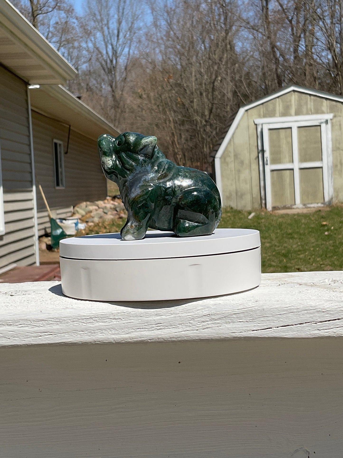 Moss Agate Bulldog Carving