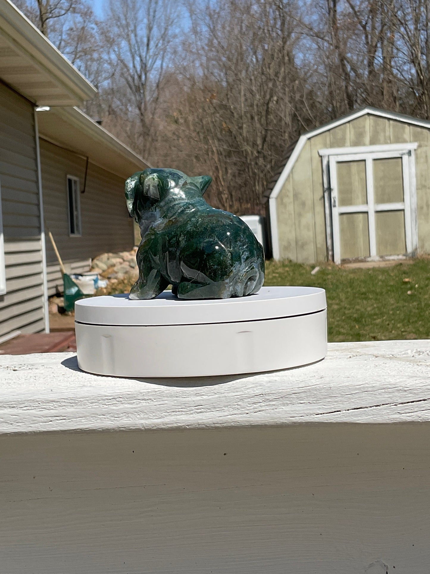 Moss Agate Bulldog Carving
