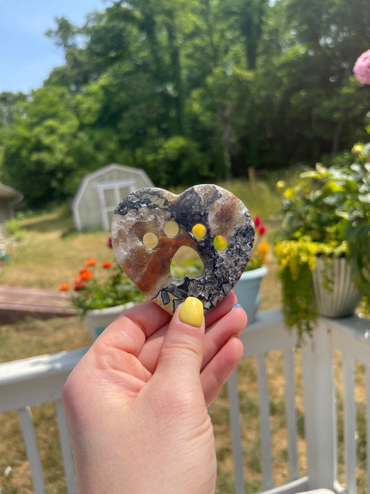 Mosaic Chalcedony Heart with Cat Paw Carving: Reiki Healing Crystal