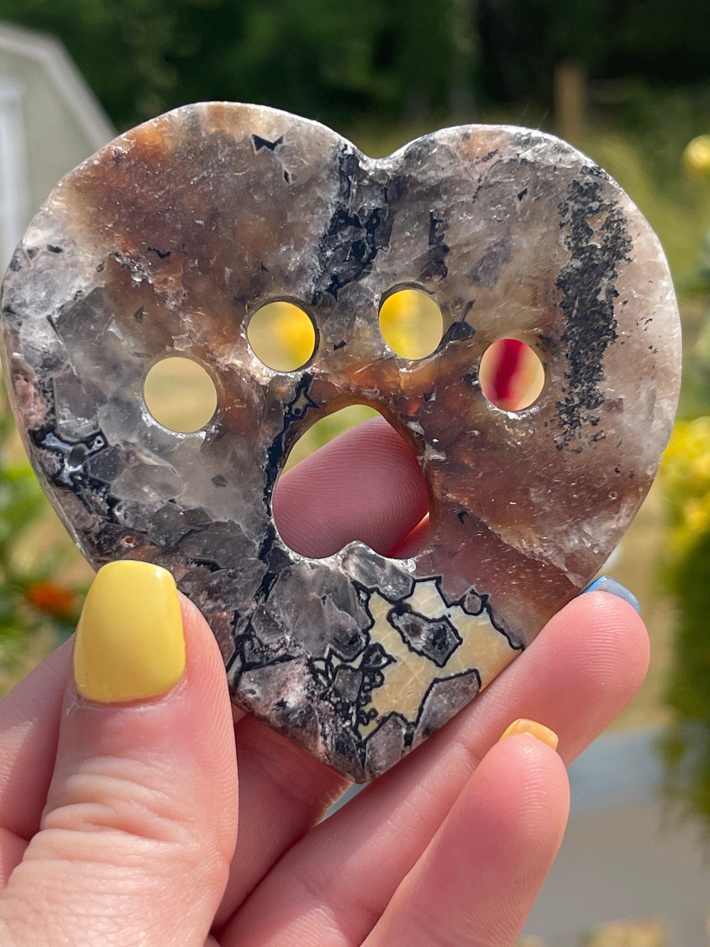 Mosaic Chalcedony Heart with Cat Paw Carving: Reiki Healing Crystal