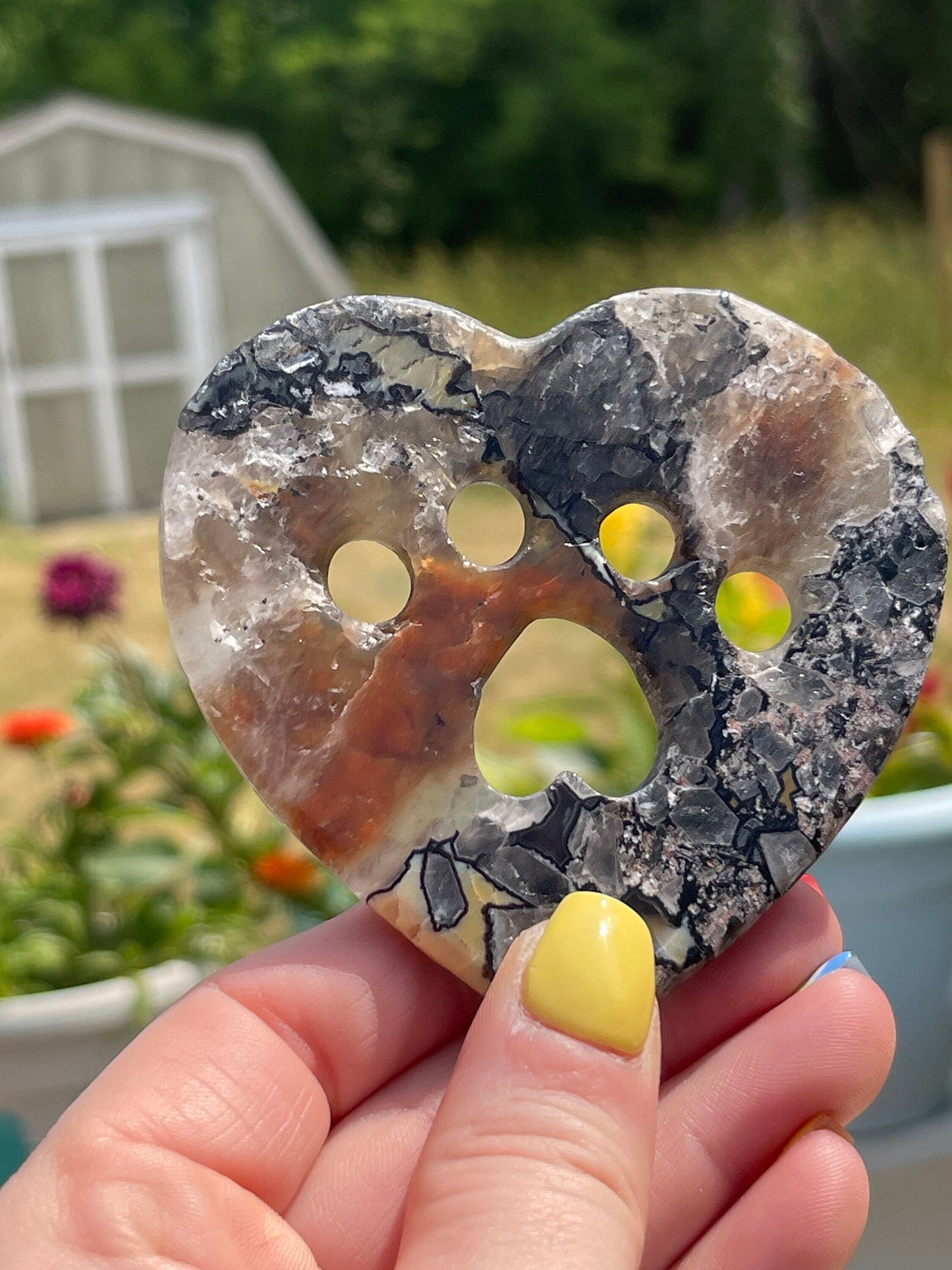 Mosaic Chalcedony Heart with Cat Paw Carving: Reiki Healing Crystal