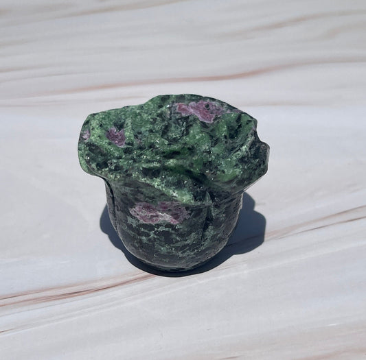 Ruby Zoisite Crystal Rose Carving: UV Reactive Flower