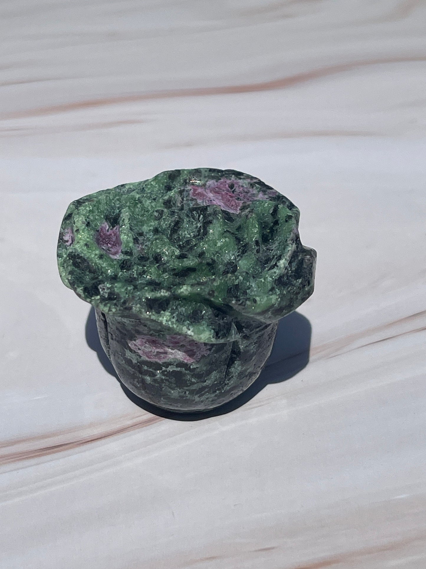 Ruby Zoisite Crystal Rose Carving: UV Reactive Flower