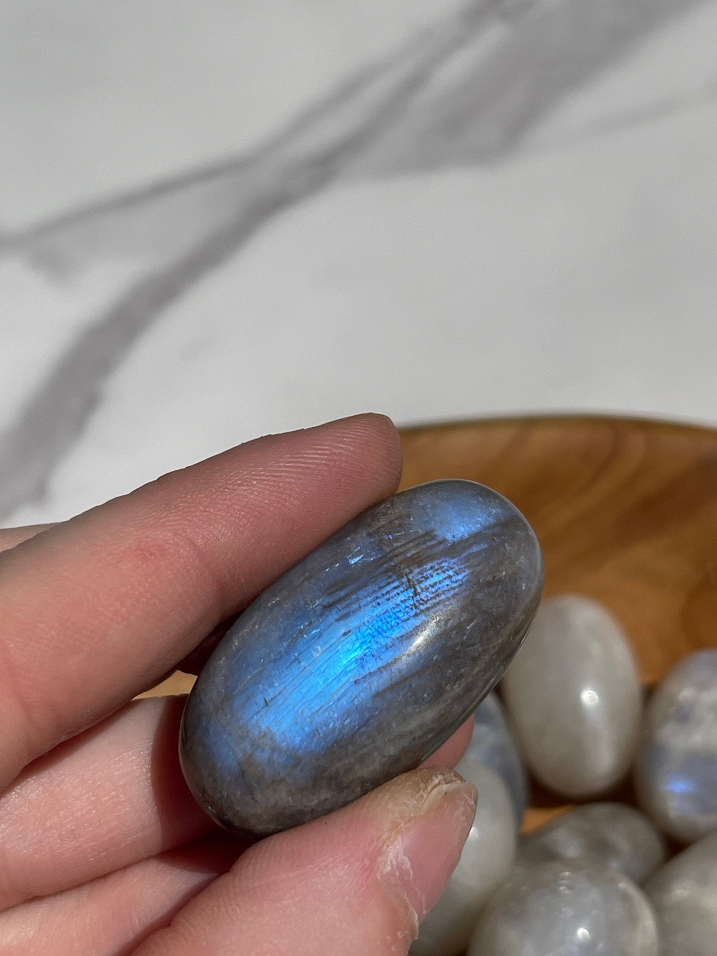 1 Moonstone Tumbled Stone | crystal carving | meditation crystal | stress relief | blue flash