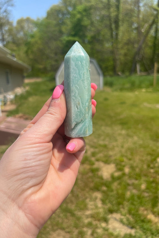 Green Silky Fluorite Crystal Tower: Meditation Stone