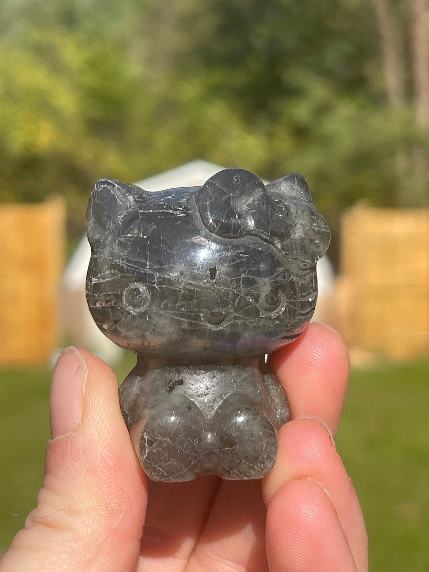 Labradorite Hello Kitty Carving: Crystal Meditation Stone
