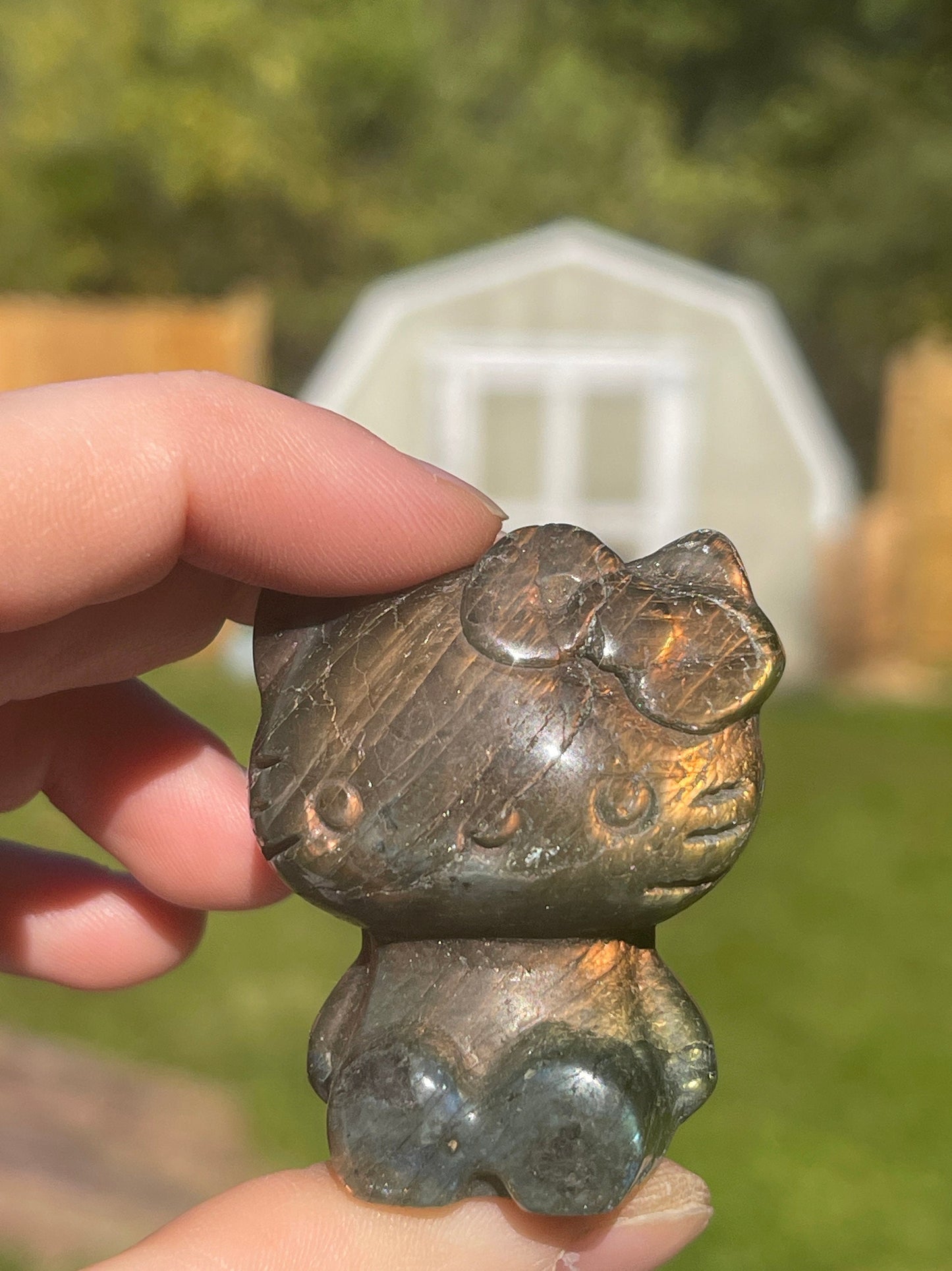Labradorite Hello Kitty Carving: Blue Flash Crystal Gift