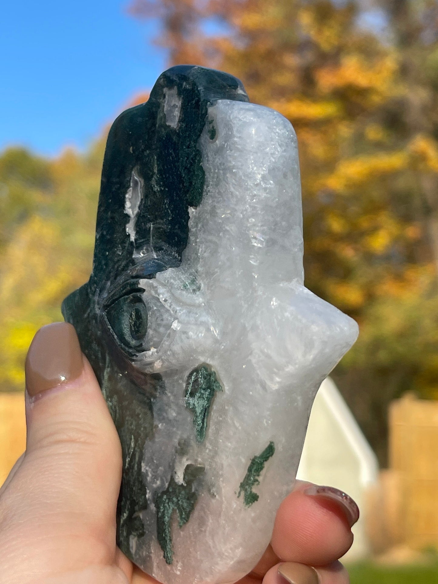 Moss Agate Hamsa Hand Carving