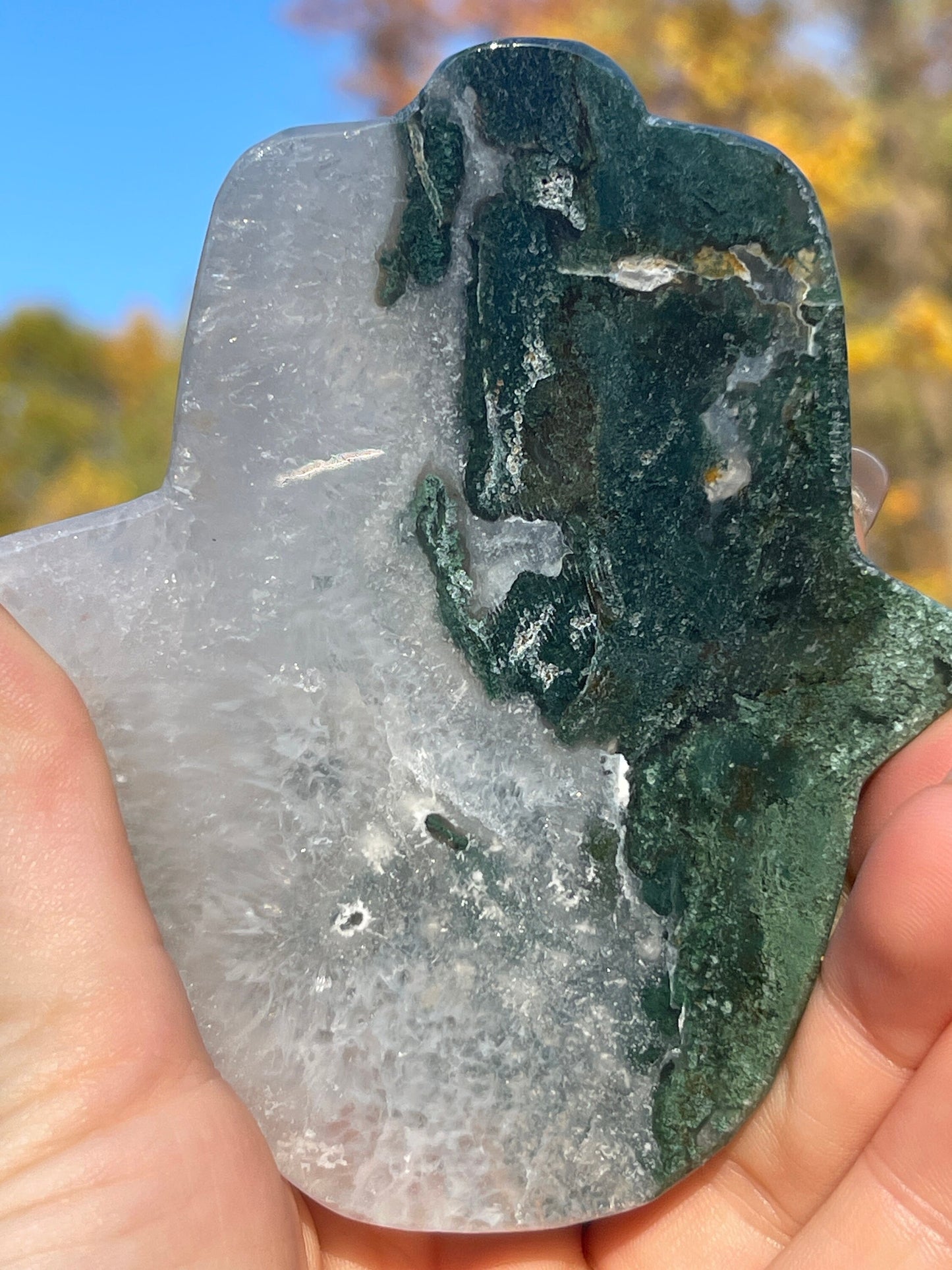 Moss Agate Hamsa Hand Carving