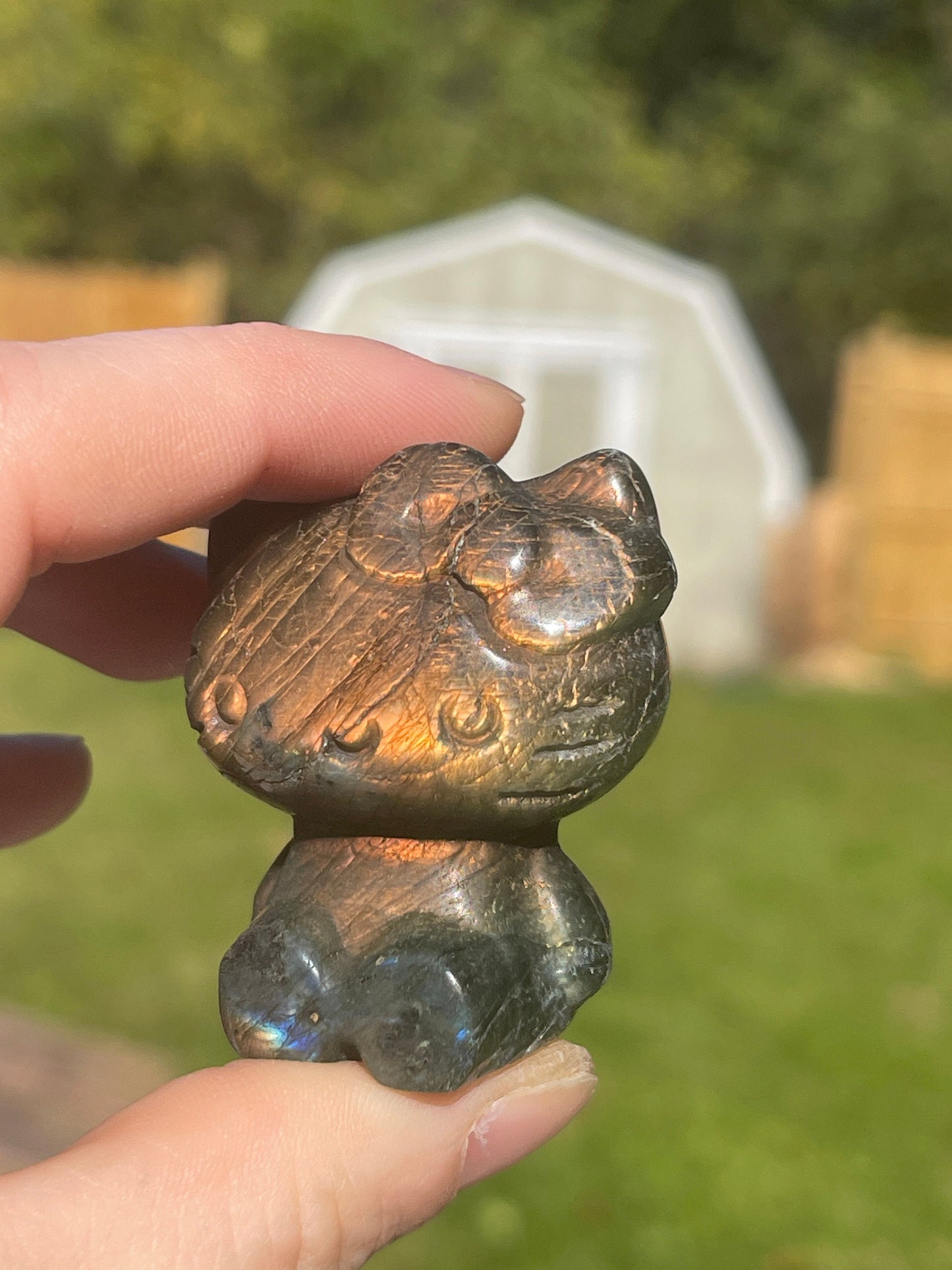Labradorite Hello Kitty Carving: Blue Flash Crystal Gift