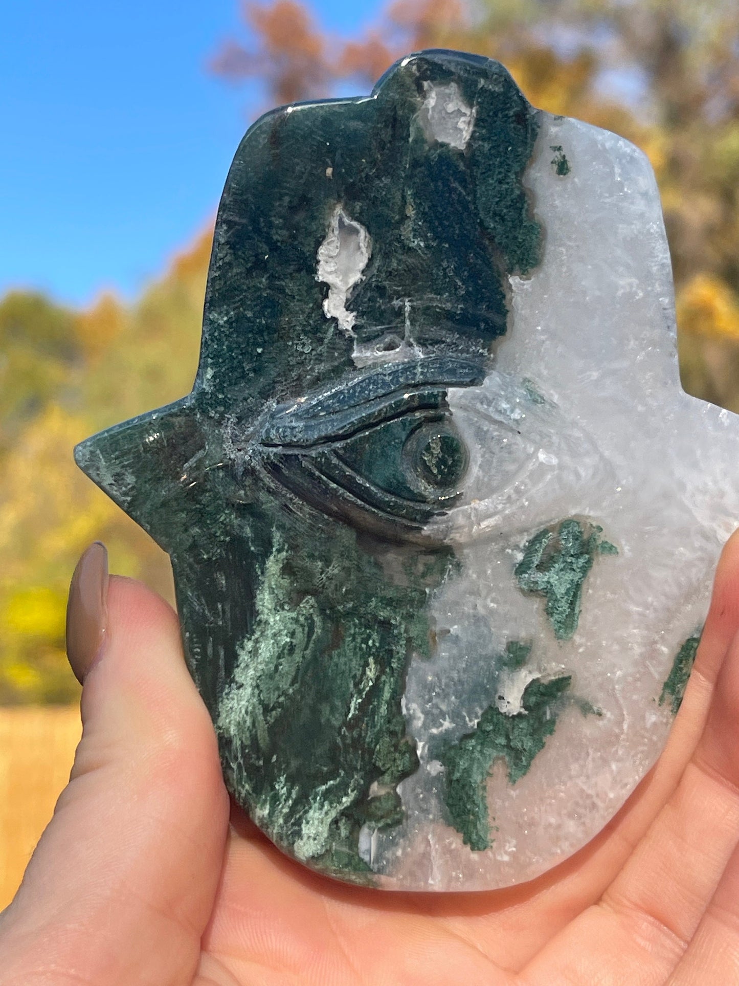 Moss Agate Hamsa Hand Carving