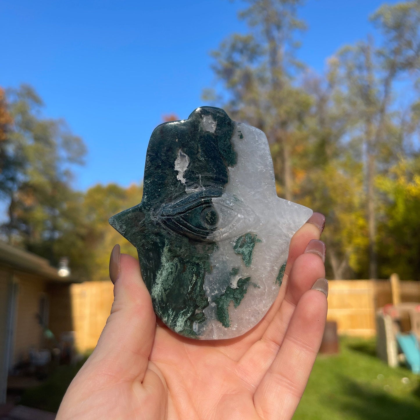 Moss Agate Hamsa Hand Carving