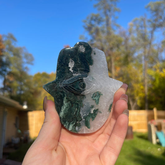 Moss Agate Hamsa Hand Carving