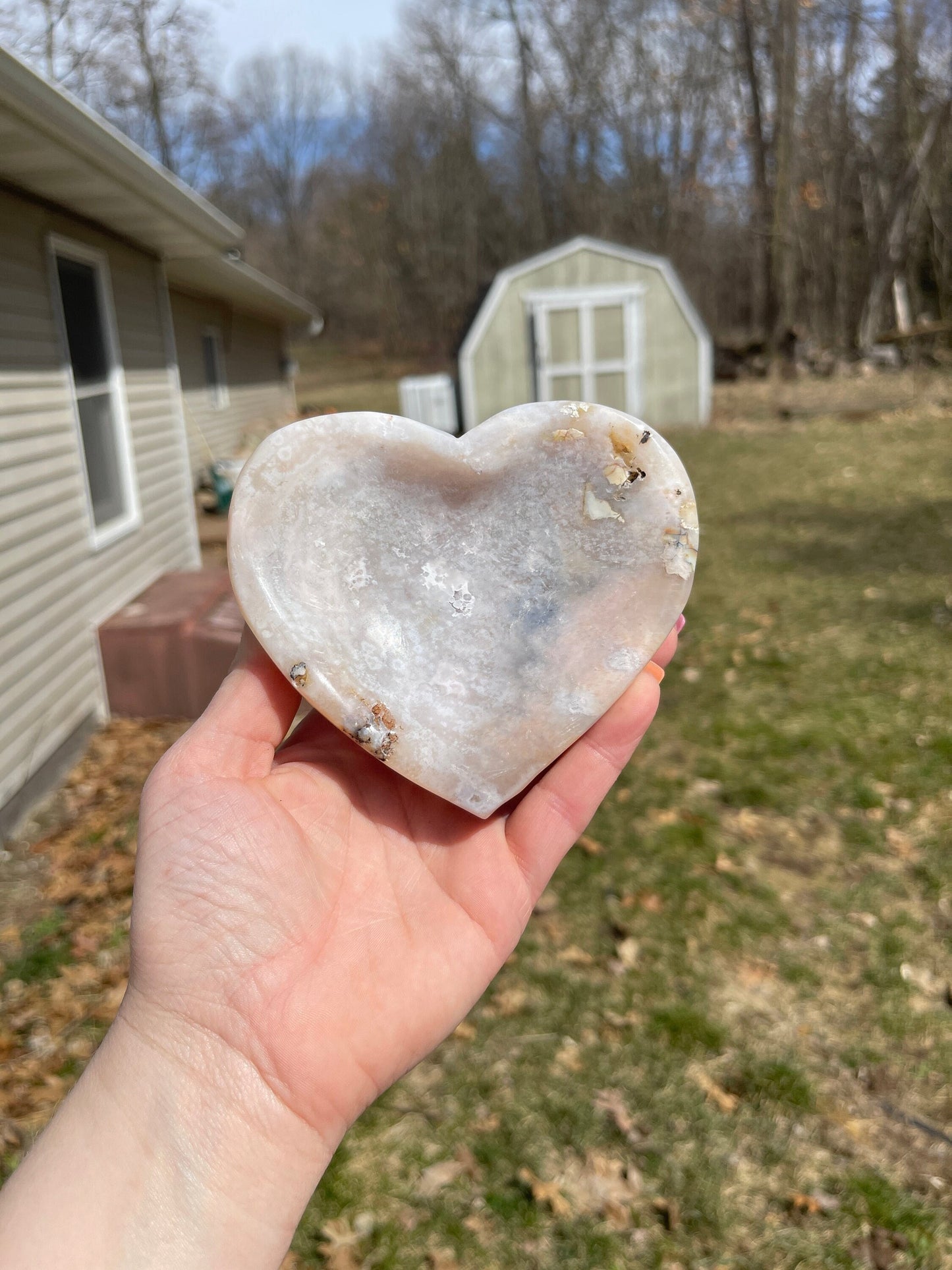 Pink flower agate heart bowl  | crystal carving | meditation crystal