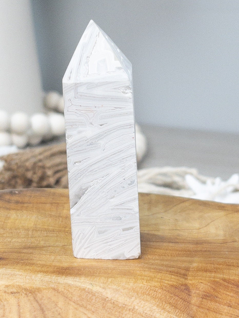 White Mexican Crazy Lace Agate Tower: Crystal Carving, Meditation Stone