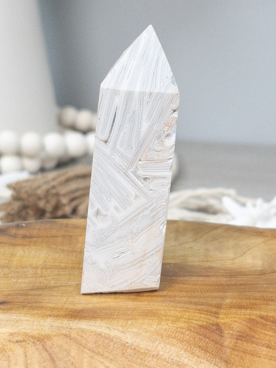 White Mexican Crazy Lace Agate Tower: Crystal Carving, Meditation Stone