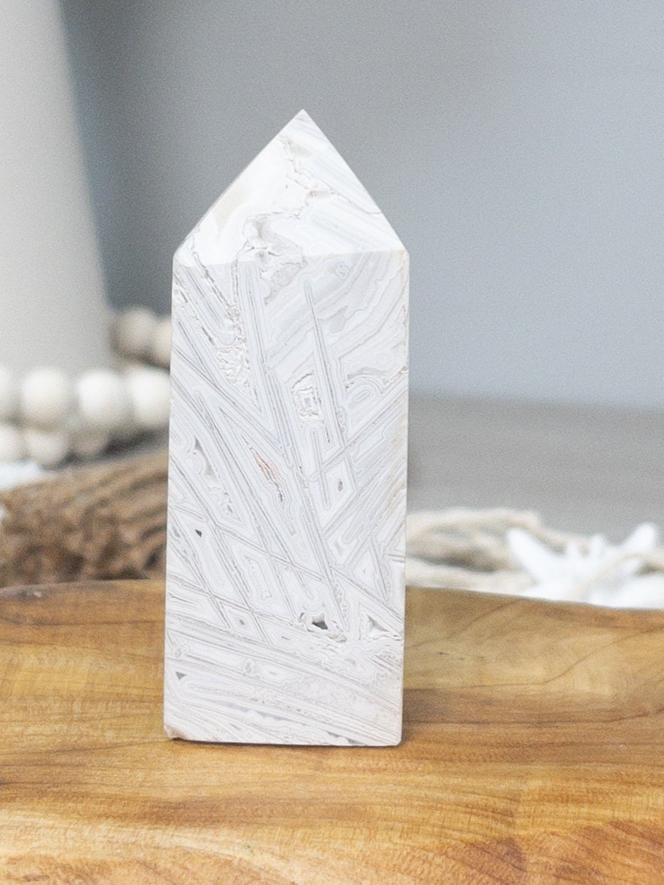 White Mexican Crazy Lace Agate Tower: Crystal Carving, Meditation Stone