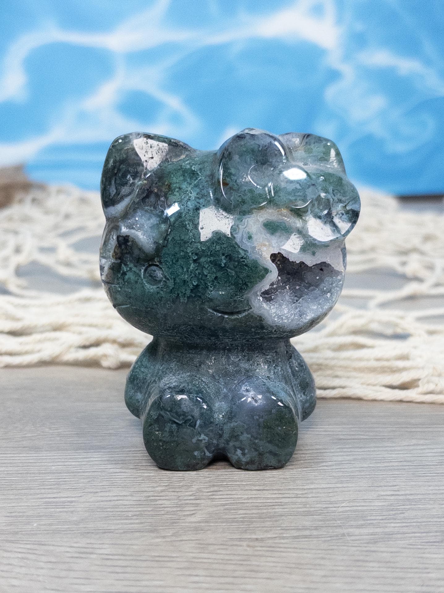Moss agate crystal hello kitty with druzy