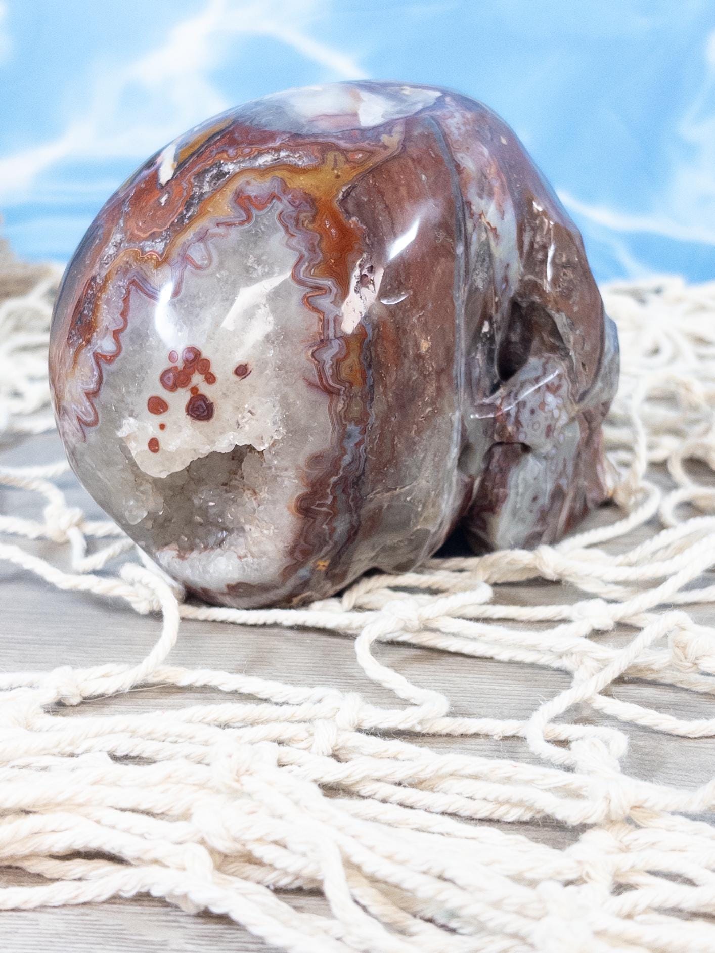 Mexican Agate Crystal Skull Carving with Druzy