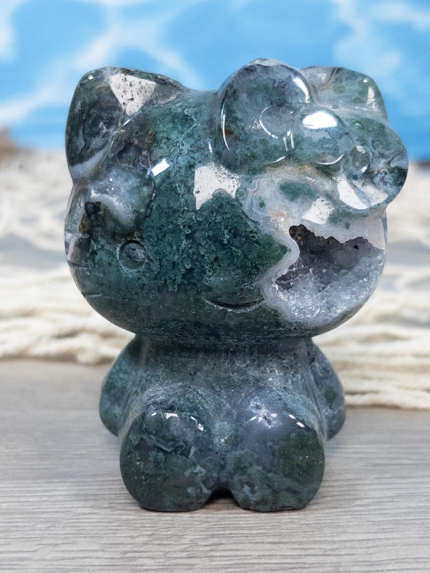 Moss agate crystal hello kitty with druzy