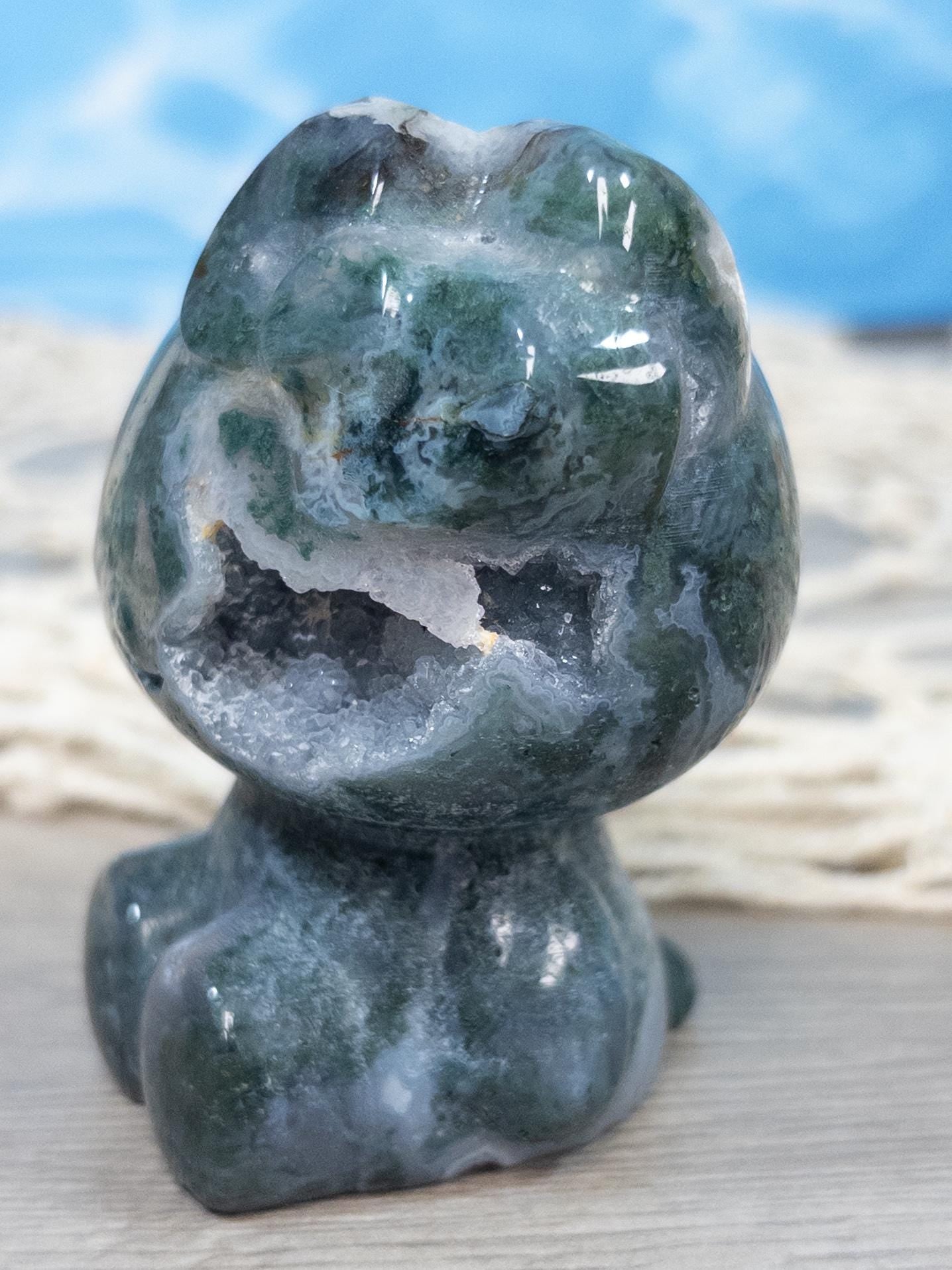 Moss agate crystal hello kitty with druzy